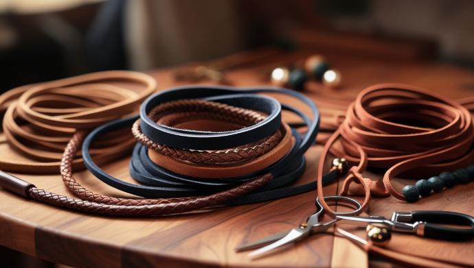 Cordons en cuir de différentes textures et couleurs disposés sur une table d'artisanat, utilisés pour la création de bijoux et d'accessoires.