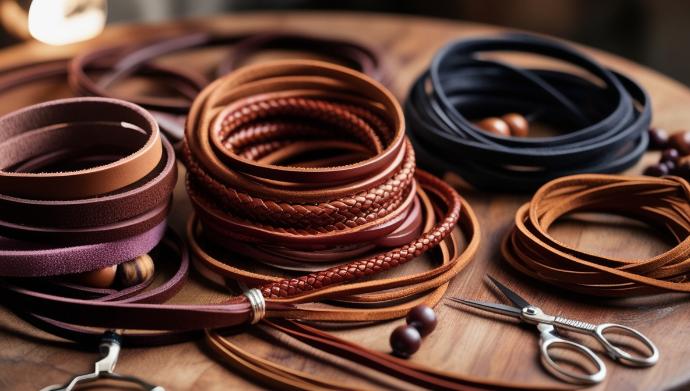 Cordon en cuir naturel enroulé, idéal pour la fabrication de bijoux, maroquinerie et accessoires artisanaux.